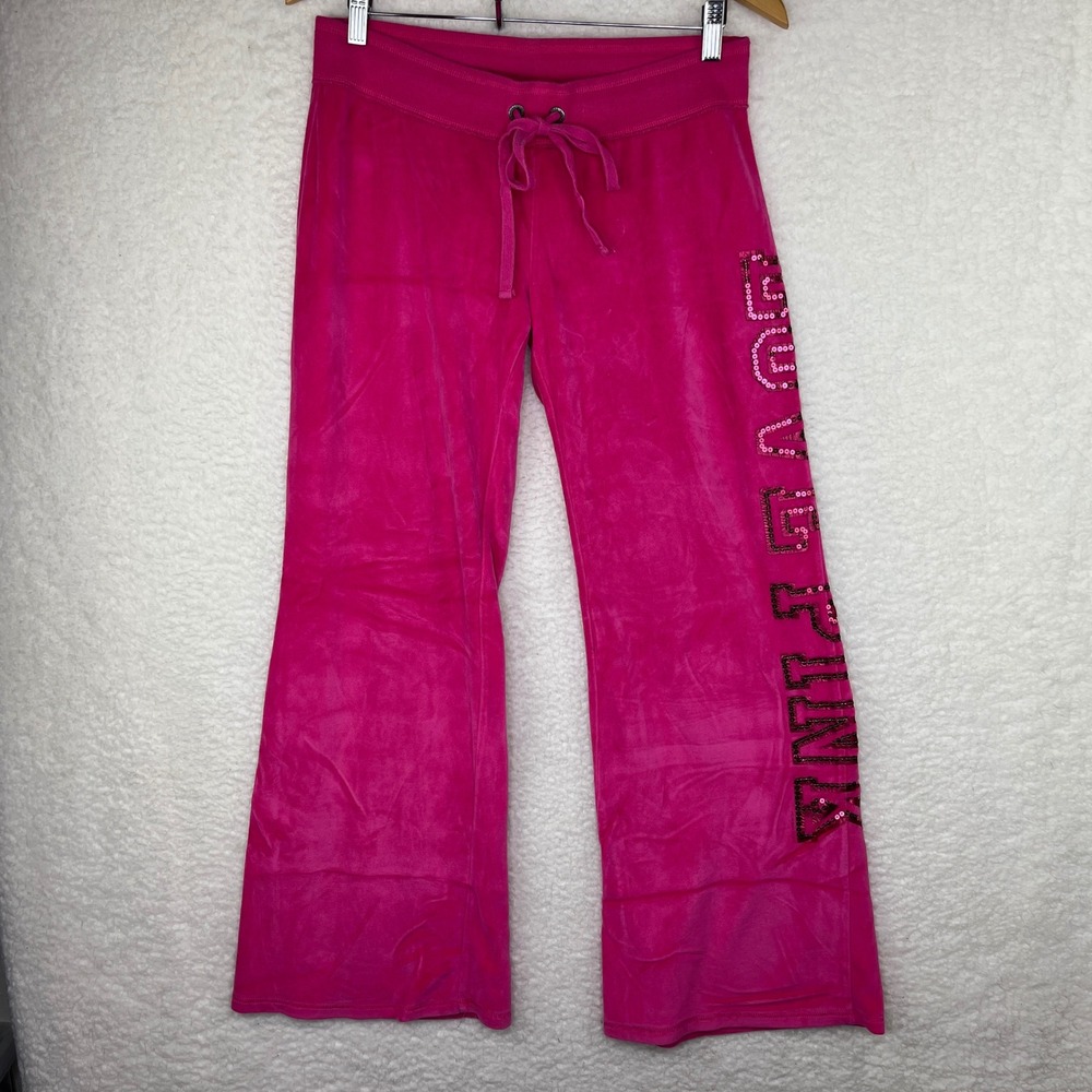 Victorias Secret PINK Hot Pink Velour Sequin Logo Flare Track Pants Medium